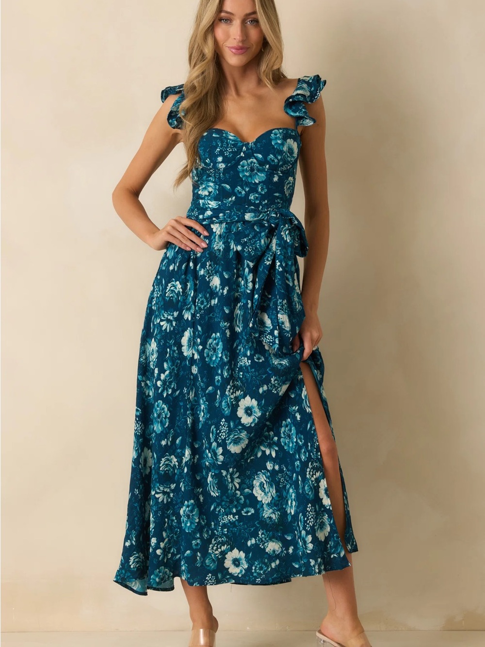 Dress Forum Teal Floral Ruffle-Strap Maxi Dress with Waist Tie